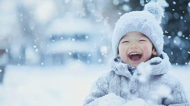 Adorable baby bundled up in warm winter clothes, enjoying the falling snow.