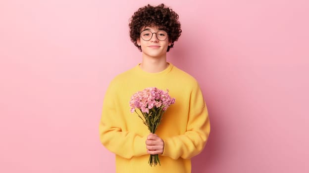 Boy holding a bouquet of flowers on a pink background.