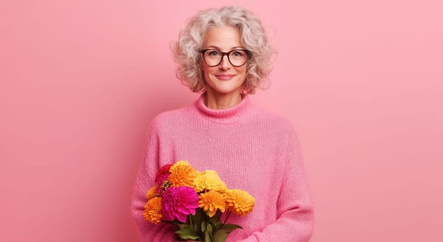 Senior woman holding a bouquet of flowers against a pink background.