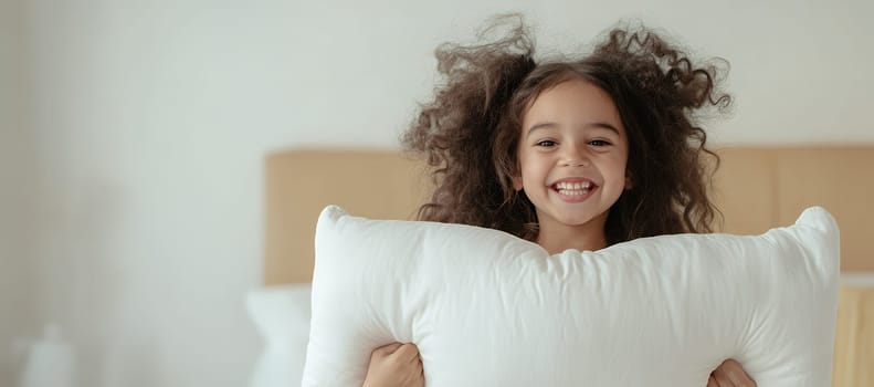 Cute girl holding a pillow, ready for a bedtime story and sweet dreams.