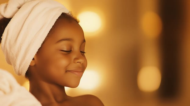 Serene young girl with a towel on her head enjoying a quiet moment.