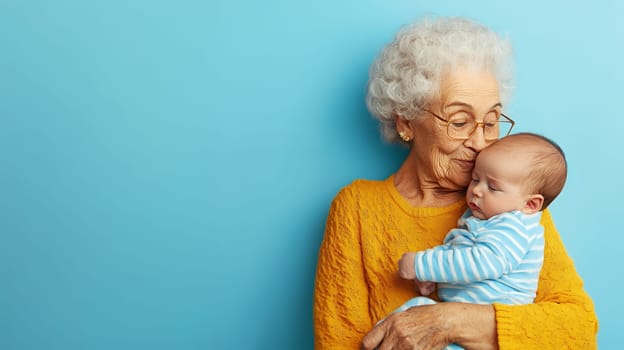 Grandmother tenderly embraces her baby grandchild, radiating love and warmth.