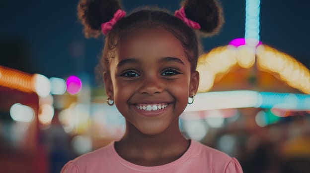 Happy girl with a bright smile enjoying a day at the amusement park.