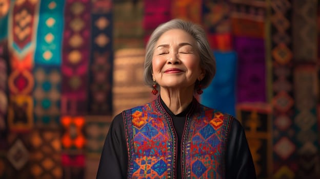Portrait of a grandmother wearing traditional clothing, representing cultural heritage.