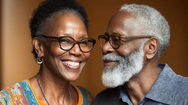 Happy grandparents sharing a loving moment, smiling together.