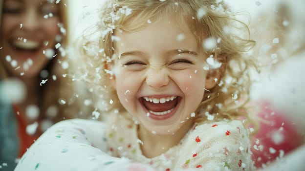 Girl laughing joyfully amidst falling confetti.