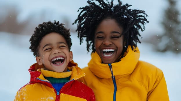 Two children bundled up in winter clothes, enjoying the snowy weather.