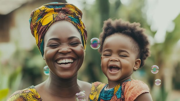 Mother and child sharing a joyful moment, surrounded by bubbles and laughter.