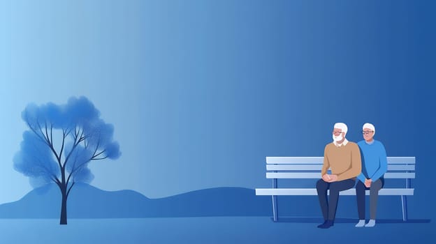 Silhouette of a senior couple sitting on a bench against a serene blue sky.