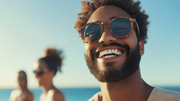 Portrait of a joyful man with sunglasses smiling brightly.