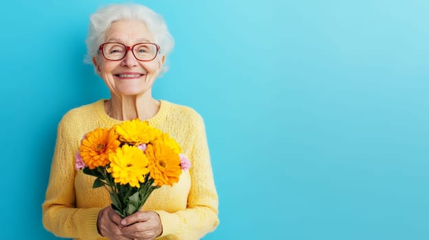 Happy senior woman holding a bouquet of colorful flowers, radiating joy and gratitude.