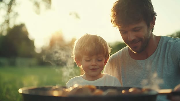Father and son share a special moment outdoors, enjoying quality time together.