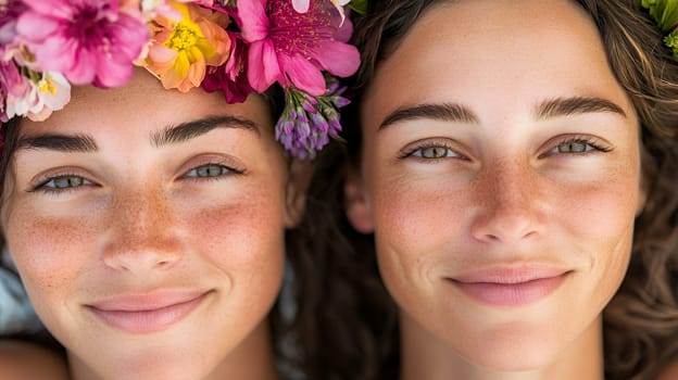 Two beautiful women share radiant smiles, exuding happiness and positivity.