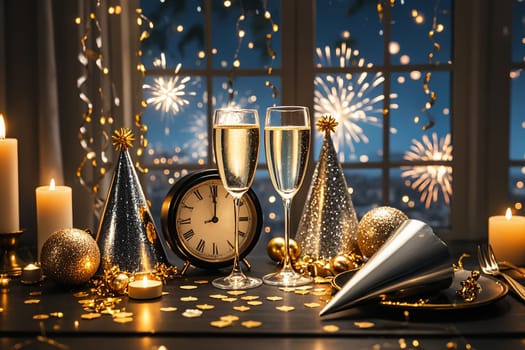 Festive New Year's Eve Celebration With Champagne And Fireworks Display
