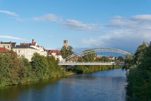 City view of Bamberg in Bavaria with the Luitpold Bridge, Luitpoldbrucke over the River Regnitz, completed in 2006