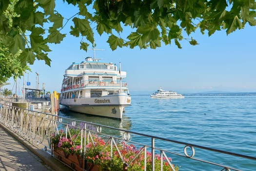 the motor ship Schwaben of Bodensee-Schiffsbetriebe GmbH at a landing stage in the port of Meersburg on Lake Constance, Bodensee in Germany