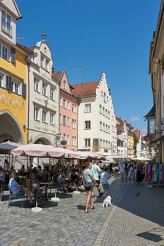 Tourists in a pedestrian zone in the old town in the Insel district of Lindau on Lake Constance, Bodensee