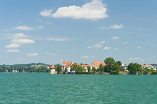 View of the panorama of the town of Lindau on Lake Constance, Bodensee from the water