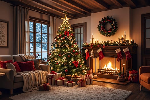 Cozy Living Room with Decorated Christmas Tree and Fireplace