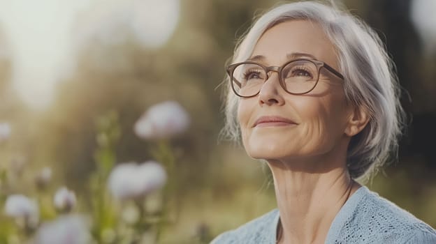 Portrait of a contemplative older woman with glasses, radiating wisdom and experience.