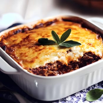 Cooking a fresh homemade moussaka recipe meal. Tasty Dish of Food with cheese