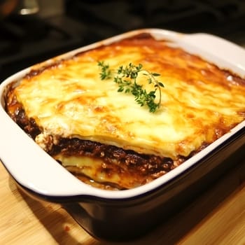 Cooking a fresh homemade moussaka recipe meal. Tasty Dish of Food with cheese