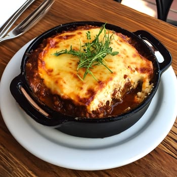 Cooking a fresh homemade moussaka recipe meal. Tasty Dish of Food with cheese