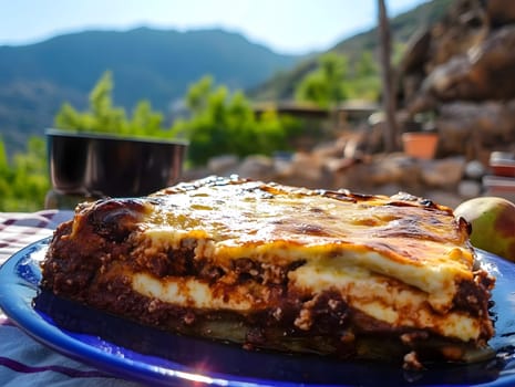 Cooking a fresh homemade moussaka recipe meal. Tasty Dish of Food with cheese