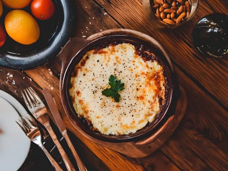Cooking a fresh homemade moussaka recipe meal. Tasty Dish of Food with cheese