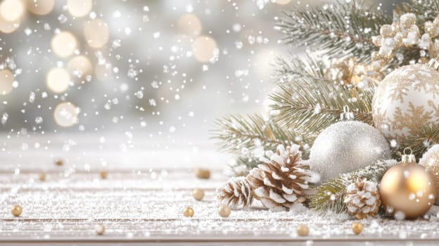 Christmas postcard with ornaments, Christmas tree in snow against blurred background, AI Generated