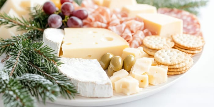 Christmas or New Year holiday charcuterie platter with cheeses, salami, grapes, olives on board, festive background, copy space, AI generated
