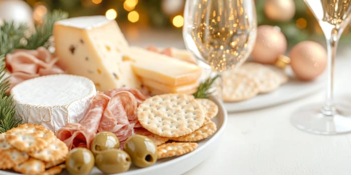 Christmas or New Year holiday charcuterie platter with cheeses, salami, grapes, olives on board, festive background, copy space, AI generated
