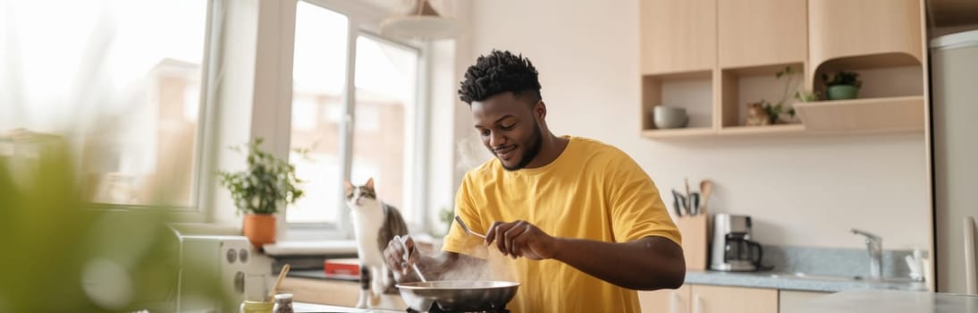 Young man cooking breakfast at home in sunlit modern kitchen, morning routine, AI generated