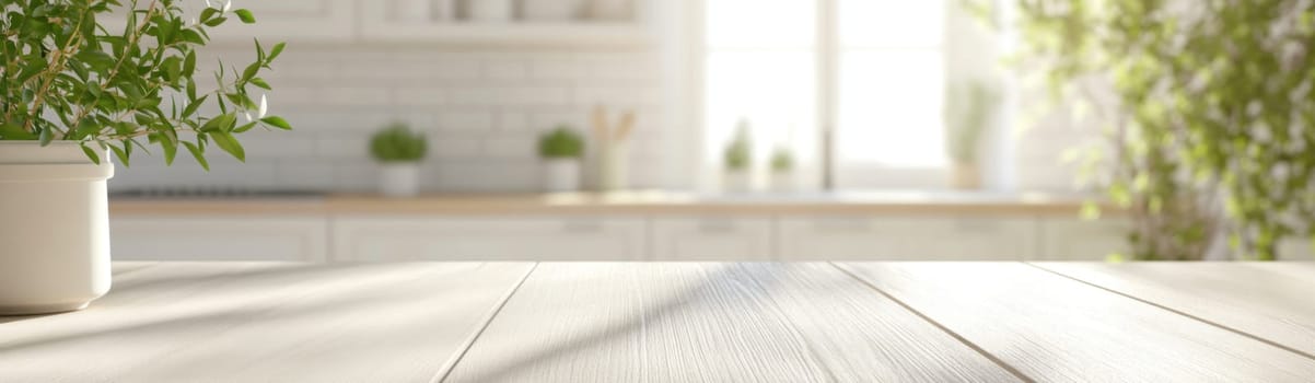 Empty kitchen table with green plant in bright home interior with large windows, banner mockup background with copy space, AI Generated