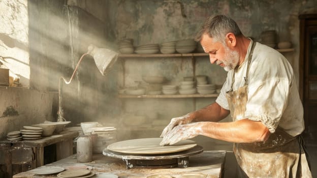 Man crafting pottery in dusty workshop, artistic expression concept, AI generated