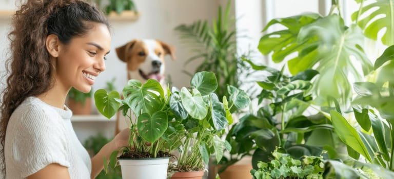 Smiling young woman tending houseplants in bright room with happy dog in background, AI Generated
