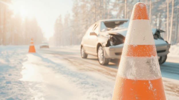 Orange traffic cone in foreground on snowy road with car accident, concept of safety on the winter roads, AI Generated