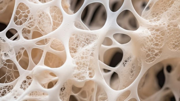 Natural fungus mycelium network texture closeup. Filaments of fungi microorganisms microscopy. AI Generative content