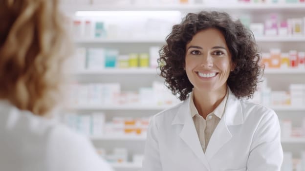 Smiling female latin american pharmacist standing in pharmacy with shelves of medicine in background, AI Generated