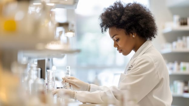 Smiling female african american pharmacist standing in pharmacy with shelves of medicine in background, AI Generated
