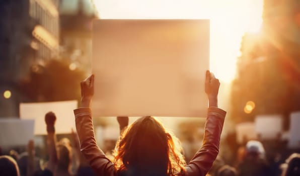 Female activist in a crowd of people on the street holding up a protest banner. Woman in the foreground holding a placard during a scene of demonstration, riot or rally