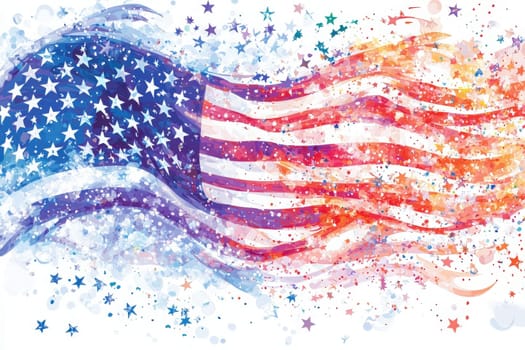 This artwork features a flowing representation of the American flag, blending colors and stars in a vibrant, dynamic style. The creative design captures a sense of movement and patriotism.