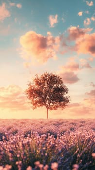A tranquil lavender field stretches beneath a beautiful sunset sky. Fluffy clouds reflect soft pastel colors, while a lone tree stands peacefully amid the vibrant flowers.