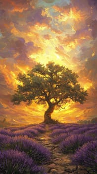 A large tree stands tall against a breathtaking sunset, with warm hues of orange and yellow illuminating the sky. Lavender flowers carpet the ground, creating a serene atmosphere.