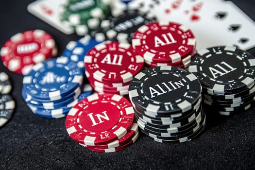 Colorful poker chips stacked close to a set of playing cards on a dark table. The atmosphere suggests a competitive game night, filled with excitement and strategy.