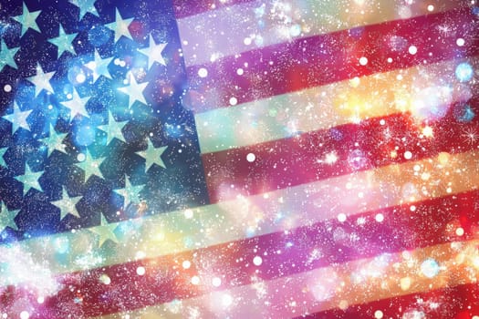 An artistic representation of an American flag overlayed with vibrant colors and sparkling lights. This festive design embodies the spirit of national celebrations and pride.