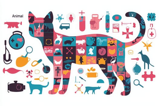 A vibrant array of icons fills the silhouette of a cat, showcasing diverse animals and objects related to pet care and veterinary themes, creating a visually appealing design.