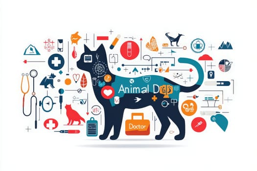 This graphic illustrates the importance of veterinary care, showcasing a dog silhouette surrounded by medical symbols, tools, and heart motifs, emphasizing animal health.