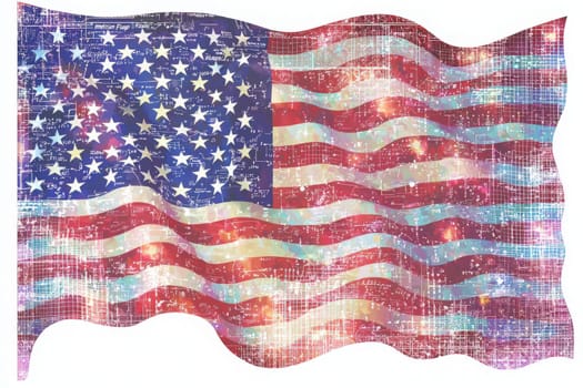 The American flag is prominently displayed, waving gracefully with rich colors and a textured effect, capturing the essence of patriotism in a lively and artistic manner.