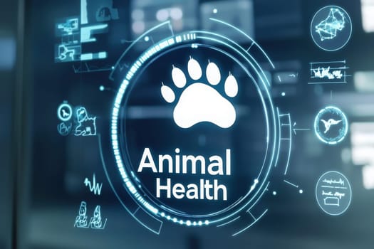 A modern digital interface shows information related to animal health, featuring a paw print symbol. Various graphs and icons illustrate different aspects of veterinary data and analytics.